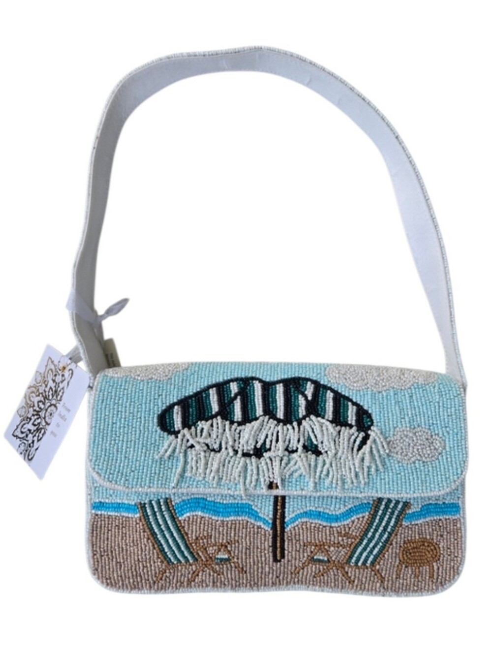 🏖 Viral Beaded Summer Bag- Beach Umbrella and Chairs  (White & Light Blue)